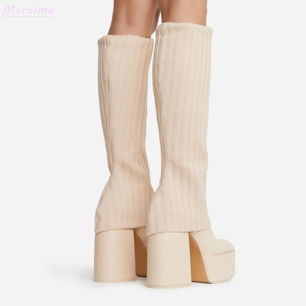 60s Insipired Knit Knee-High Boots Chunky Heel - Intelli Monde