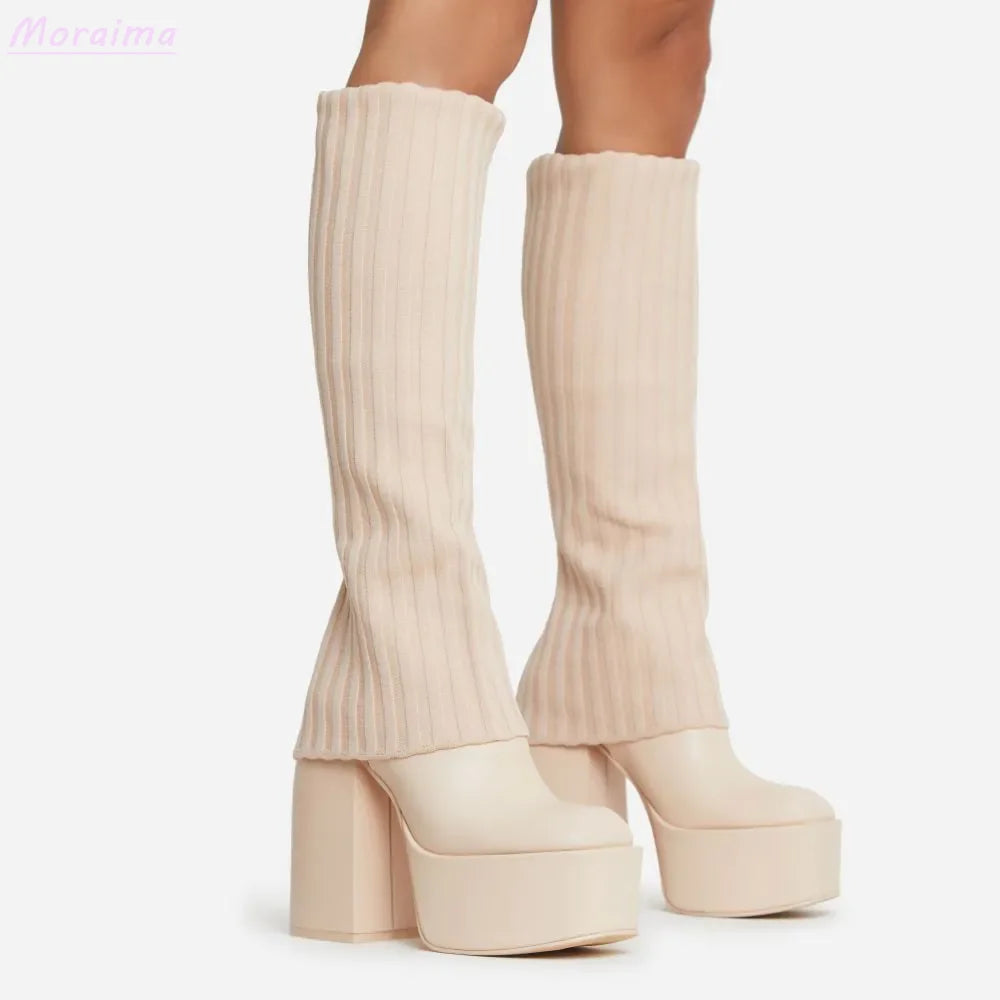 60s Insipired Knit Knee-High Boots Chunky Heel - Intelli Monde