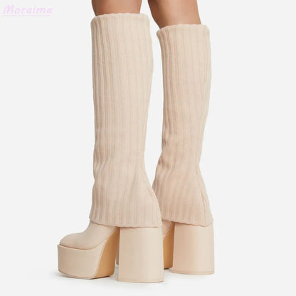 60s Insipired Knit Knee-High Boots Chunky Heel - Intelli Monde