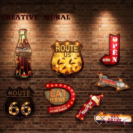 Vintage Route 66 LED Neon Signs: Cold Cola, Hot Coffee, Ice Cold Beer - Intelli Monde